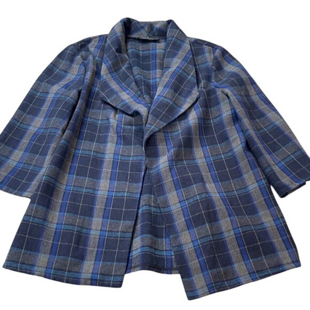 Travel‎ Elements Womens Blue Grey Plaid Open Front Blazer Jacket Size M USA Made